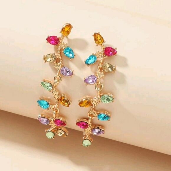 Colorful Multi-Color Rainbow Rhinestone Dangling Drop Earrings - Picture 2 of 4